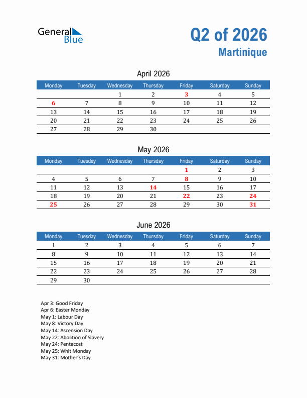 Martinique Q2 2026 Quarterly Calendar with Monday Start