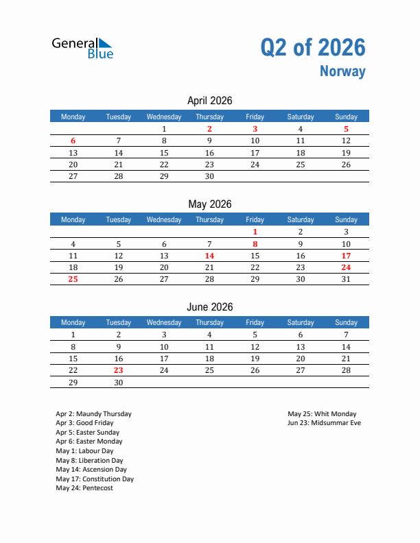 Norway Q2 2026 Quarterly Calendar with Monday Start