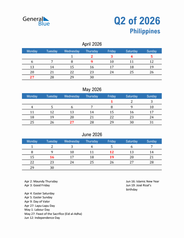 Philippines Q2 2026 Quarterly Calendar with Monday Start