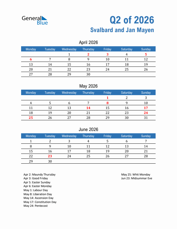 Svalbard and Jan Mayen Q2 2026 Quarterly Calendar with Monday Start