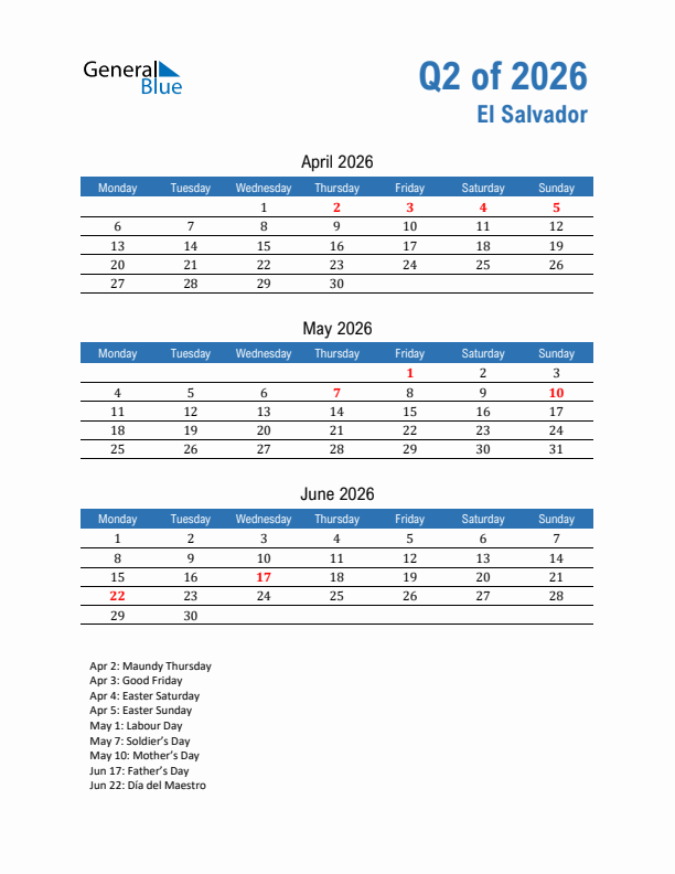 El Salvador Q2 2026 Quarterly Calendar with Monday Start