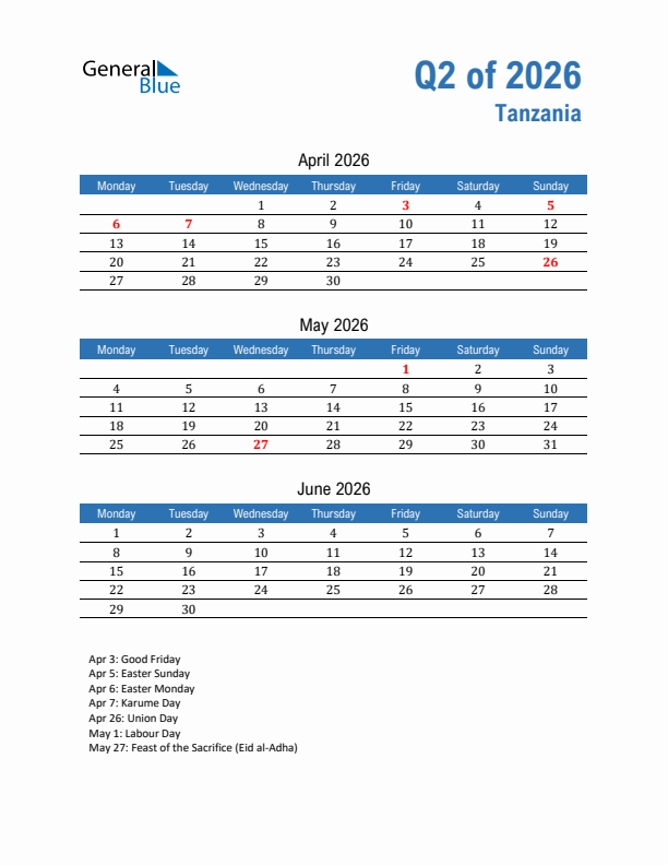 Tanzania Q2 2026 Quarterly Calendar with Monday Start