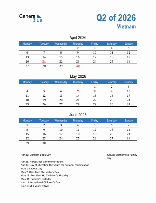 Vietnam Q2 2026 Quarterly Calendar with Monday Start