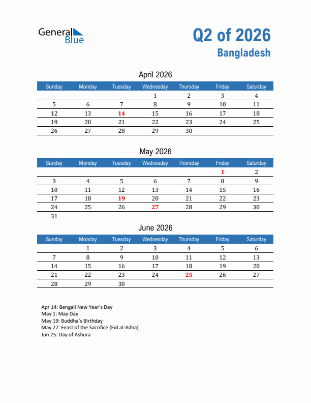 Bangladesh Q2 2026 Quarterly Calendar with Sunday Start