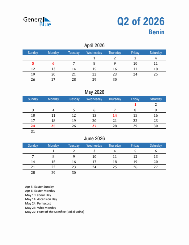 Benin Q2 2026 Quarterly Calendar with Sunday Start