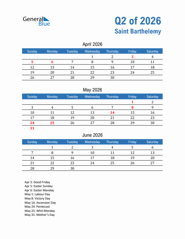 Saint Barthelemy Q2 2026 Quarterly Calendar with Sunday Start