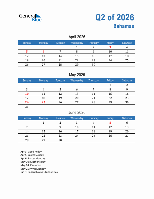 Bahamas Q2 2026 Quarterly Calendar with Sunday Start