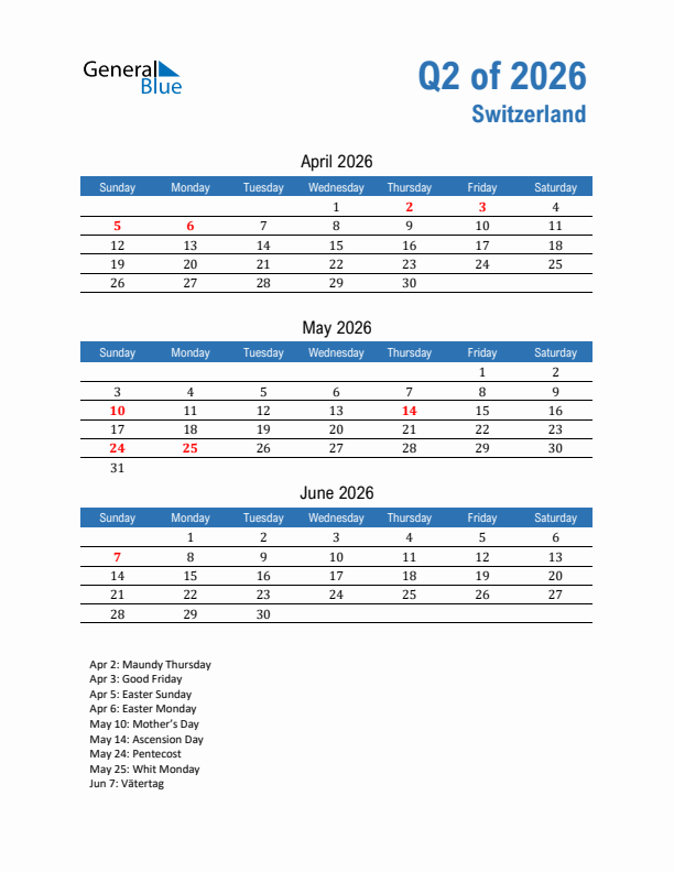 Switzerland Q2 2026 Quarterly Calendar with Sunday Start