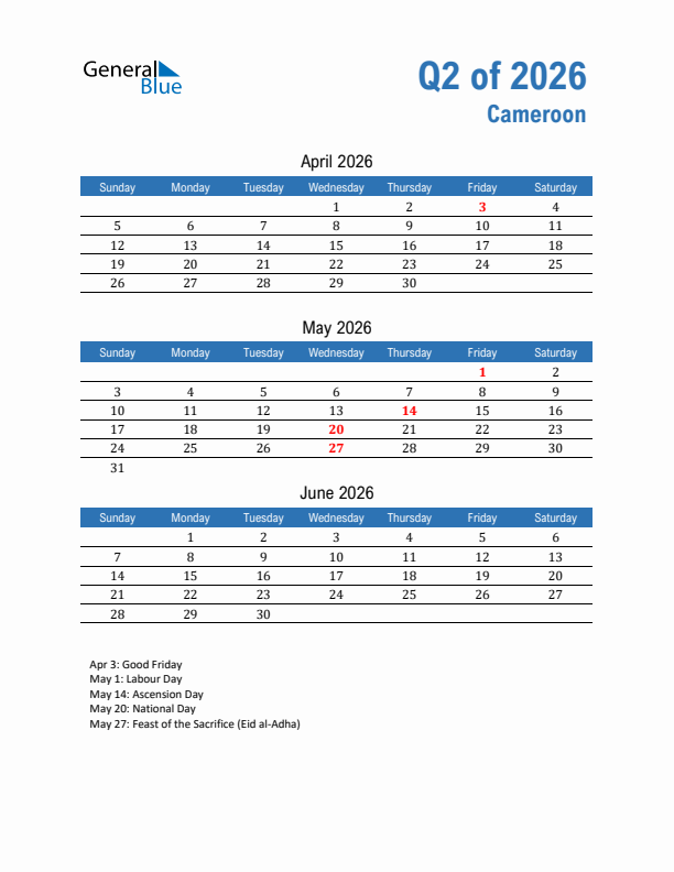 Cameroon Q2 2026 Quarterly Calendar with Sunday Start