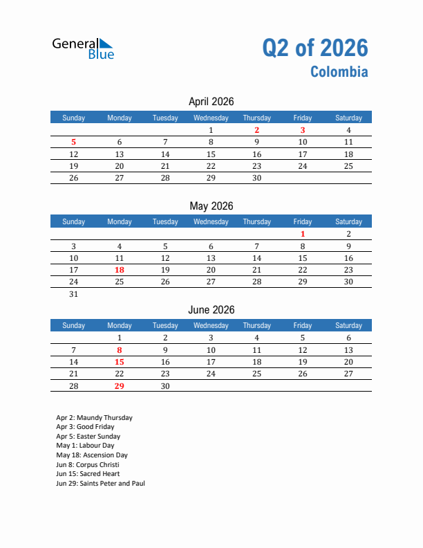 Colombia Q2 2026 Quarterly Calendar with Sunday Start