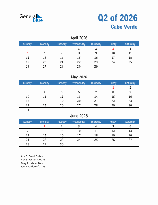 Cabo Verde Q2 2026 Quarterly Calendar with Sunday Start