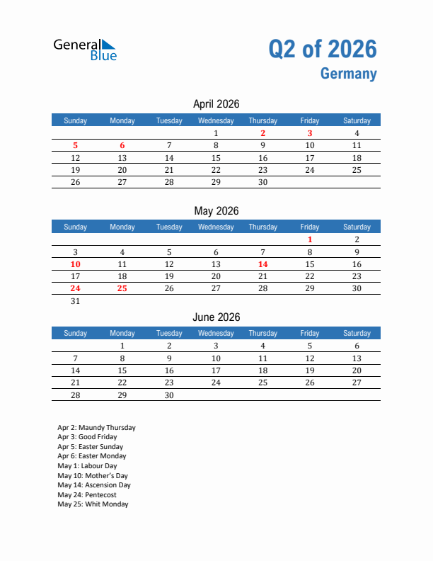 Germany Q2 2026 Quarterly Calendar with Sunday Start