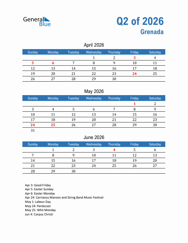 Grenada Q2 2026 Quarterly Calendar with Sunday Start