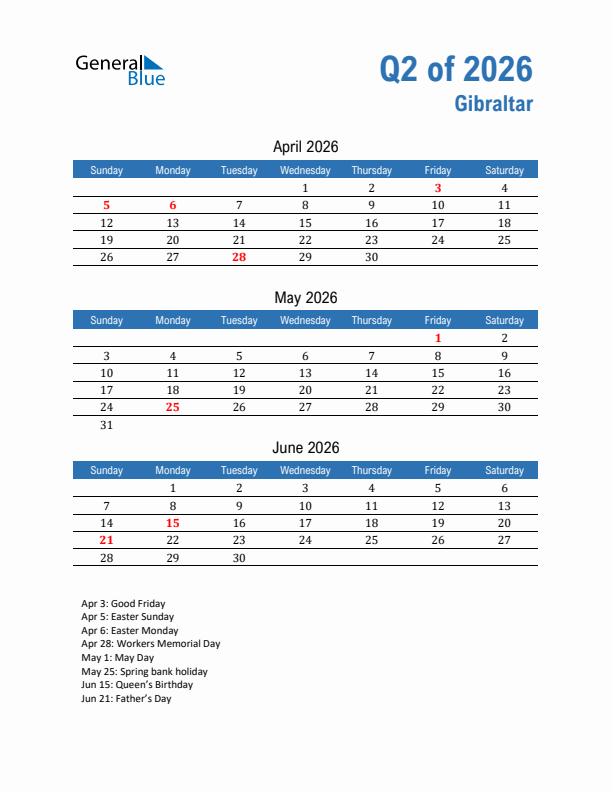 Gibraltar Q2 2026 Quarterly Calendar with Sunday Start