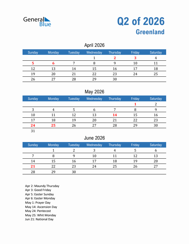 Greenland Q2 2026 Quarterly Calendar with Sunday Start