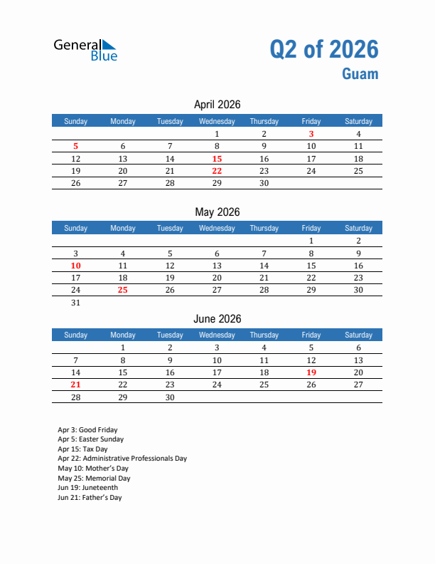 Guam Q2 2026 Quarterly Calendar with Sunday Start