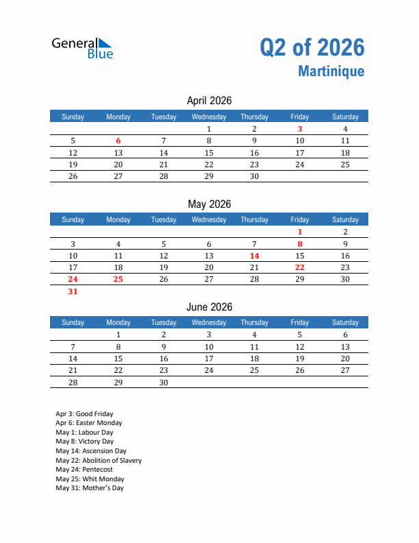 Martinique Q2 2026 Quarterly Calendar with Sunday Start