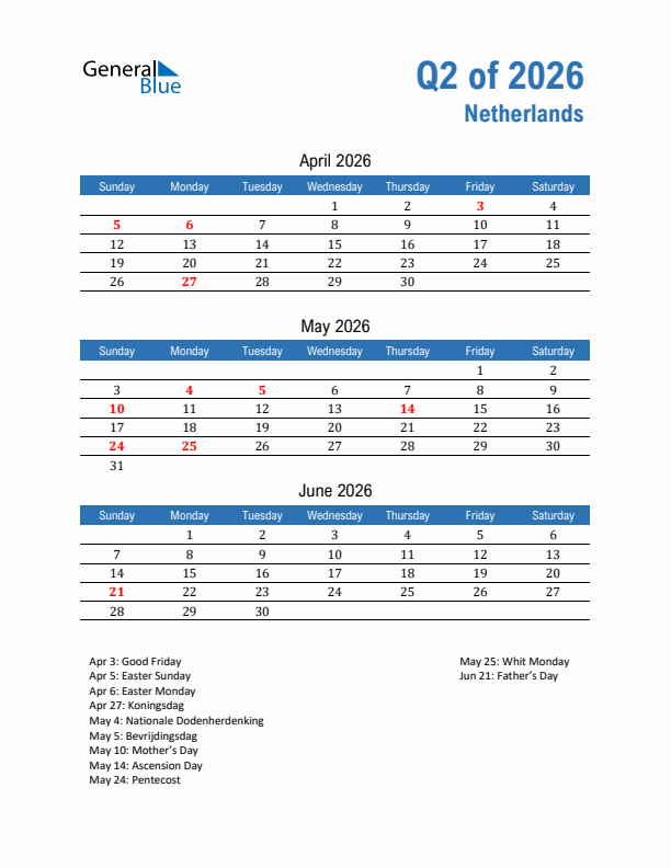 The Netherlands Q2 2026 Quarterly Calendar with Sunday Start