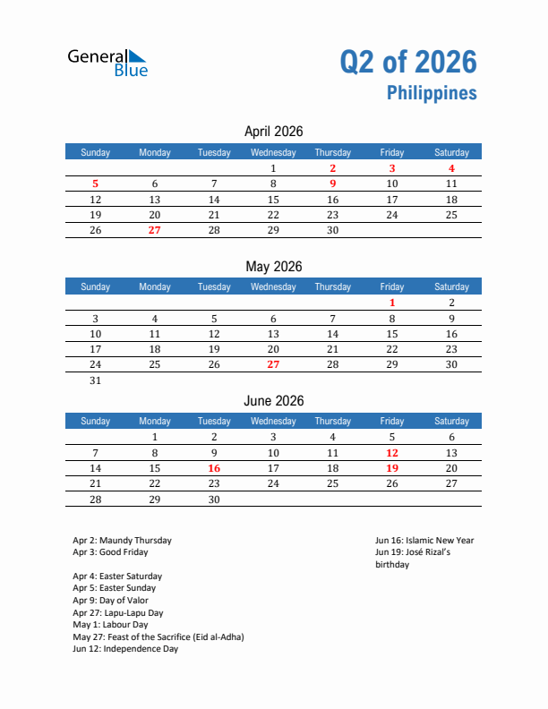 Philippines Q2 2026 Quarterly Calendar with Sunday Start