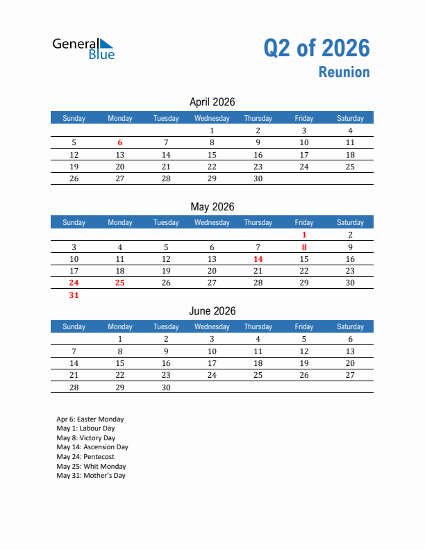 Reunion Q2 2026 Quarterly Calendar with Sunday Start