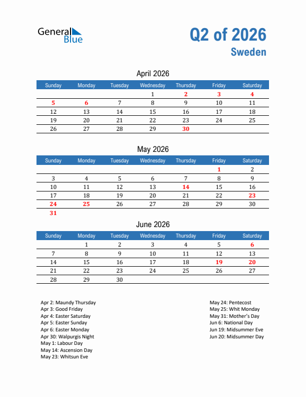 Sweden Q2 2026 Quarterly Calendar with Sunday Start