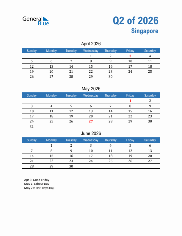 Singapore Q2 2026 Quarterly Calendar with Sunday Start