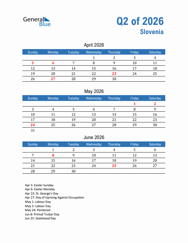 Slovenia Q2 2026 Quarterly Calendar with Sunday Start