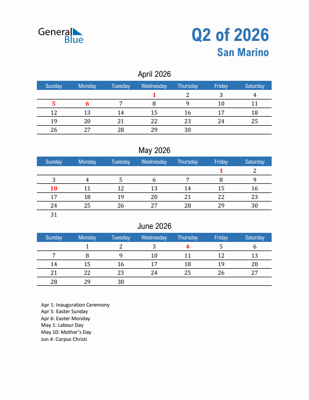 San Marino Q2 2026 Quarterly Calendar with Sunday Start