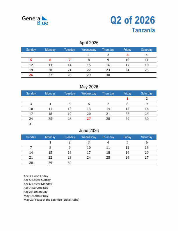 Tanzania Q2 2026 Quarterly Calendar with Sunday Start