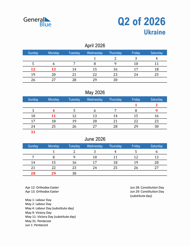 Ukraine Q2 2026 Quarterly Calendar with Sunday Start