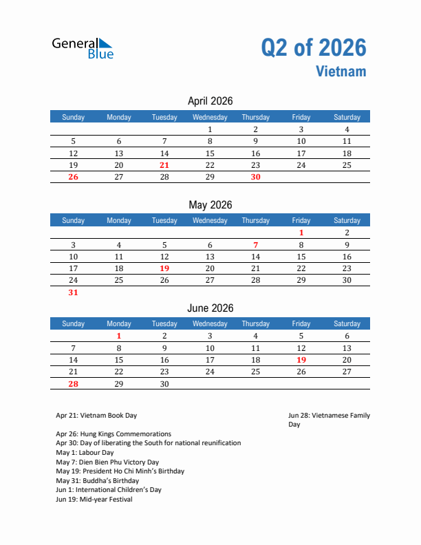 Vietnam Q2 2026 Quarterly Calendar with Sunday Start