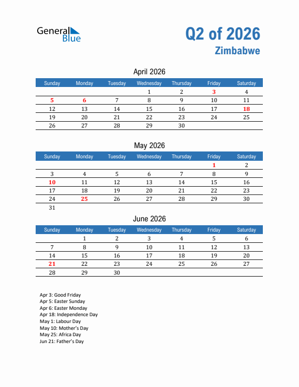 Zimbabwe Q2 2026 Quarterly Calendar with Sunday Start