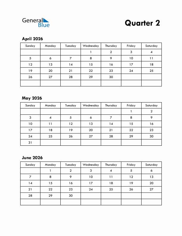 Quarter 2 2026 Calendar - Sunday Start