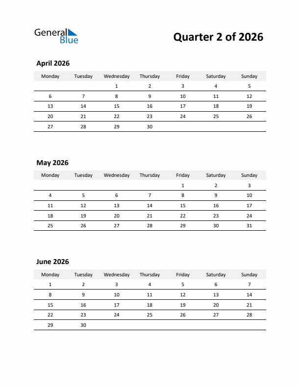 2026 Three-Month Calendar (Quarter 2)