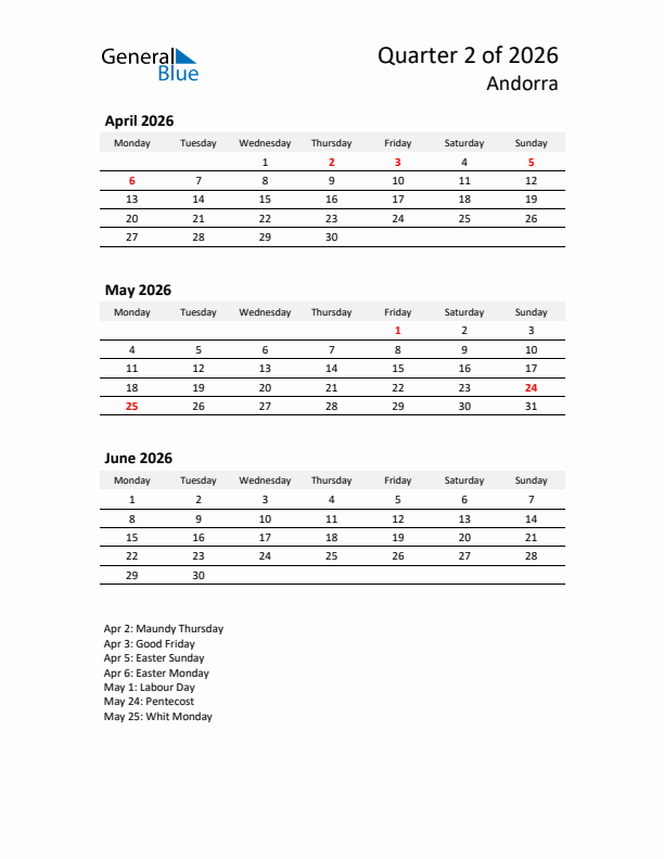 2026 Q2 Three-Month Calendar for Andorra