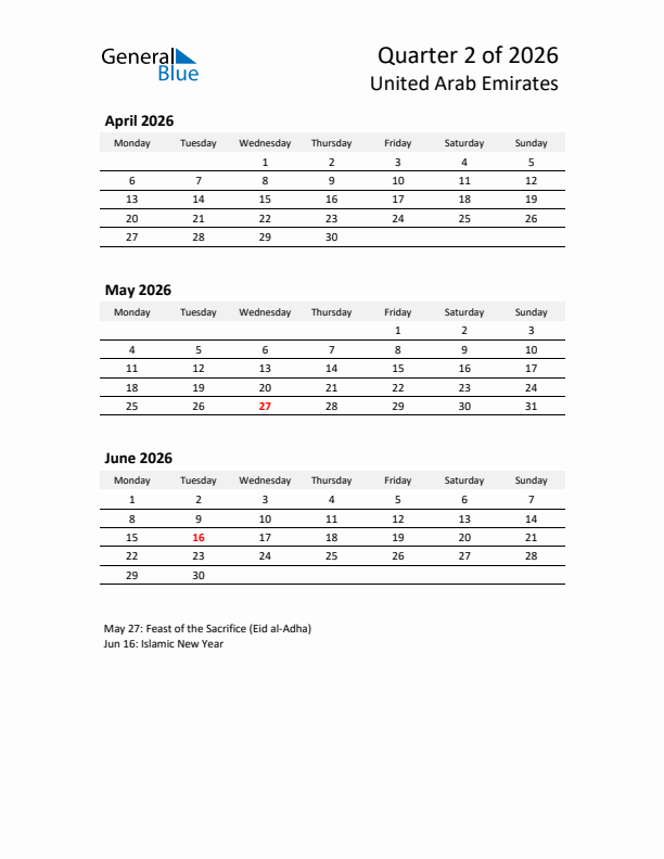 2026 Q2 Three-Month Calendar for United Arab Emirates