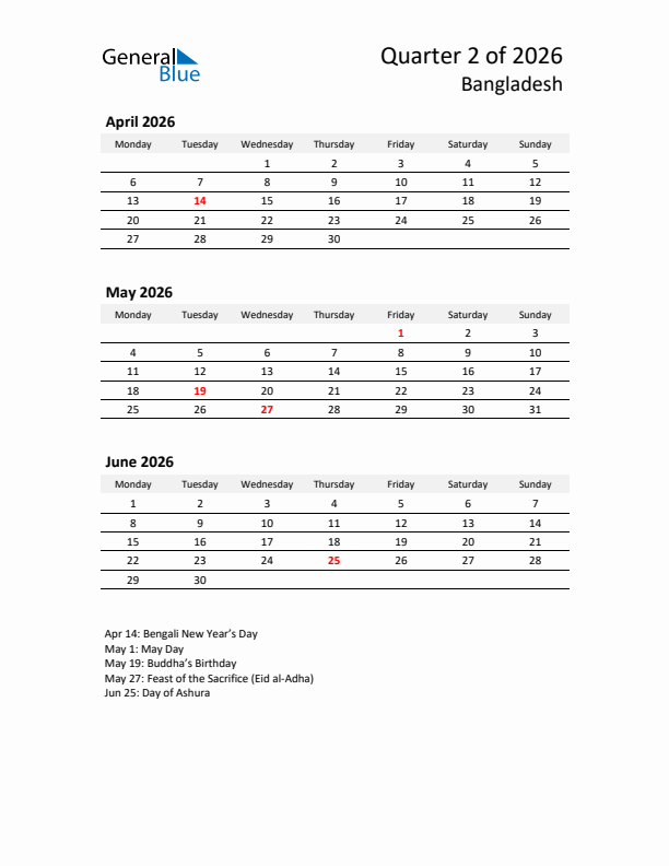 2026 Q2 Three-Month Calendar for Bangladesh