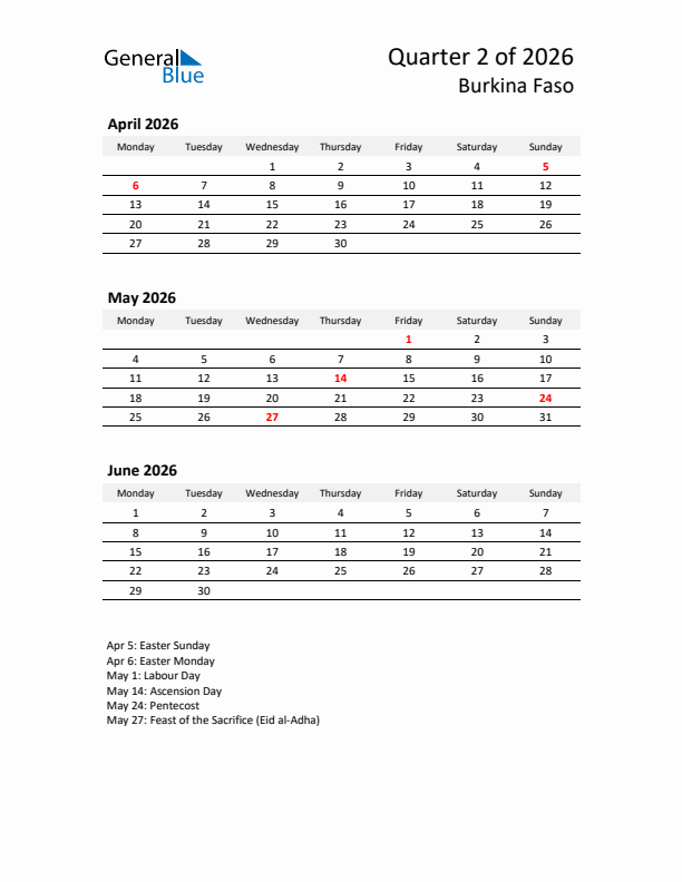 2026 Q2 Three-Month Calendar for Burkina Faso