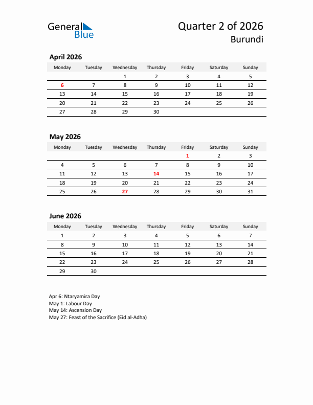 2026 Q2 Three-Month Calendar for Burundi