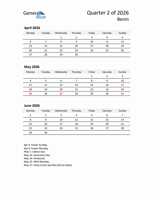 2026 Q2 Three-Month Calendar for Benin