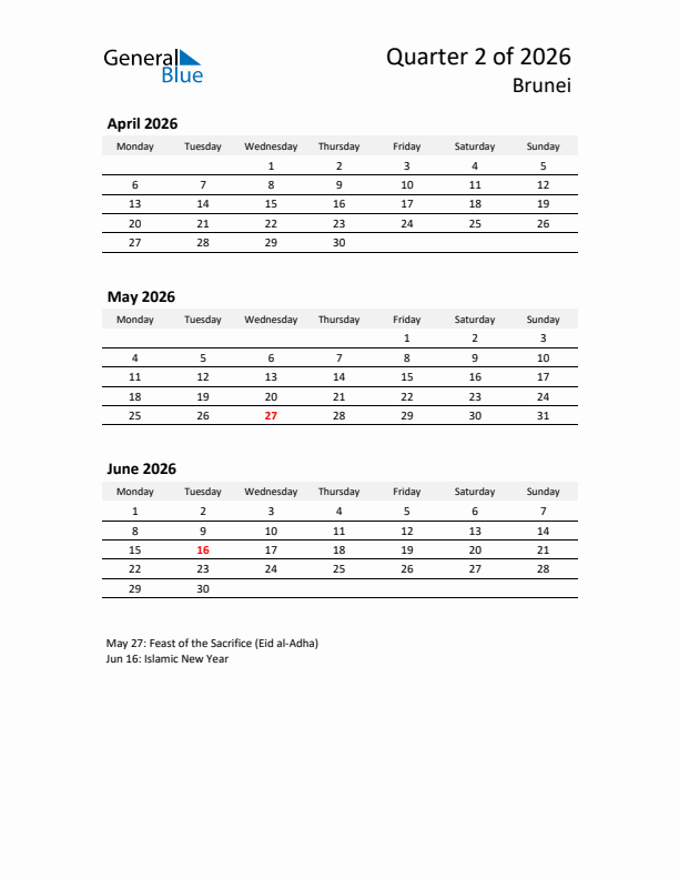 2026 Q2 Three-Month Calendar for Brunei