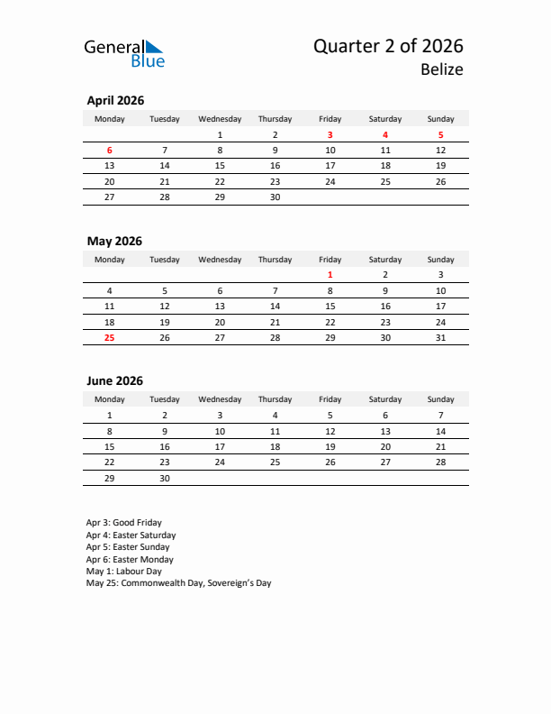 2026 Q2 Three-Month Calendar for Belize