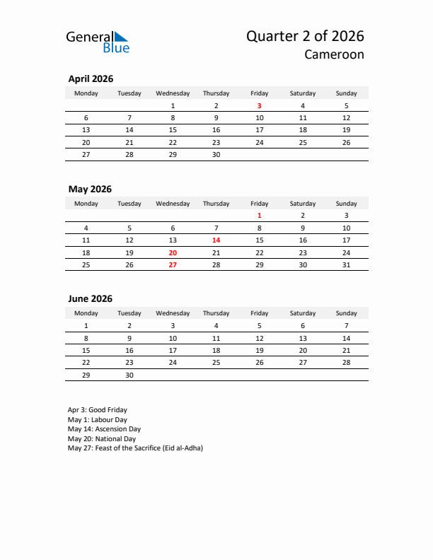 2026 Q2 Three-Month Calendar for Cameroon