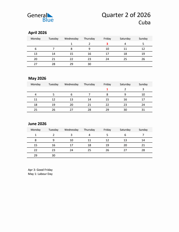 2026 Q2 Three-Month Calendar for Cuba