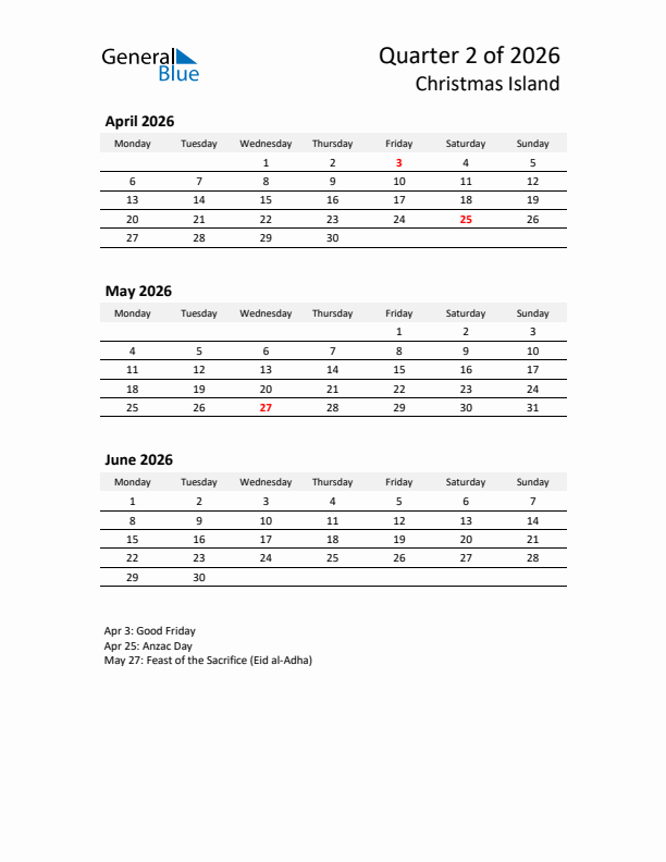 2026 Q2 Three-Month Calendar for Christmas Island