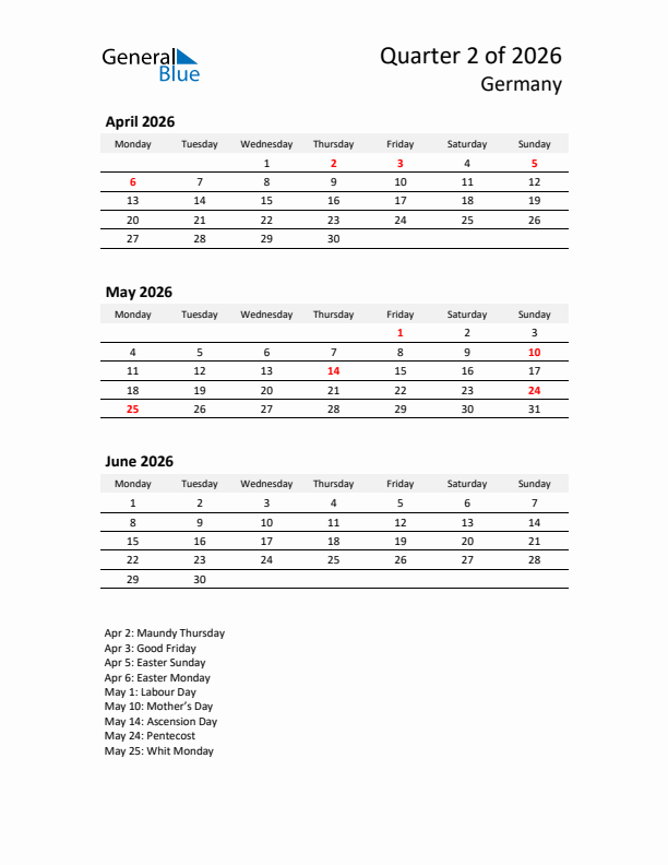 2026 Q2 Three-Month Calendar for Germany