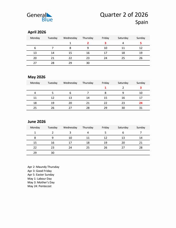 2026 Q2 Three-Month Calendar for Spain