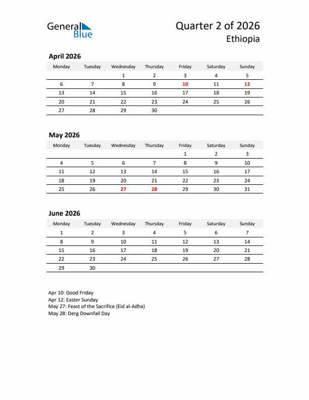 2026 Q2 Three-Month Calendar for Ethiopia