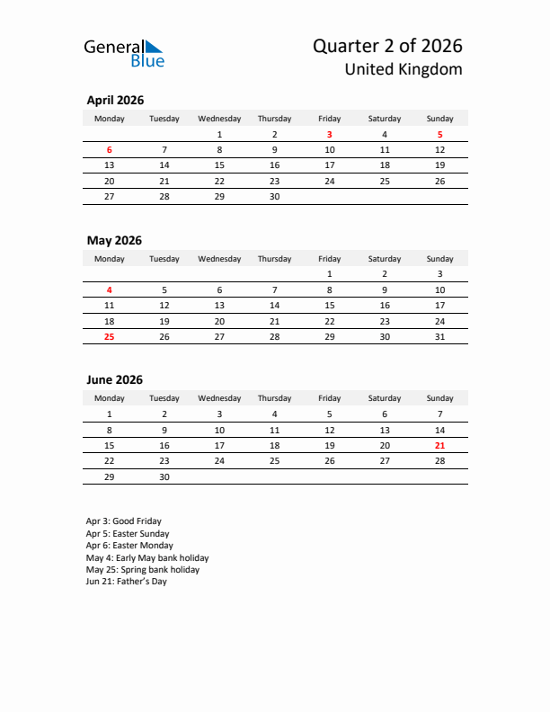 2026 Q2 Three-Month Calendar for United Kingdom