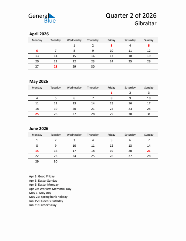 2026 Q2 Three-Month Calendar for Gibraltar